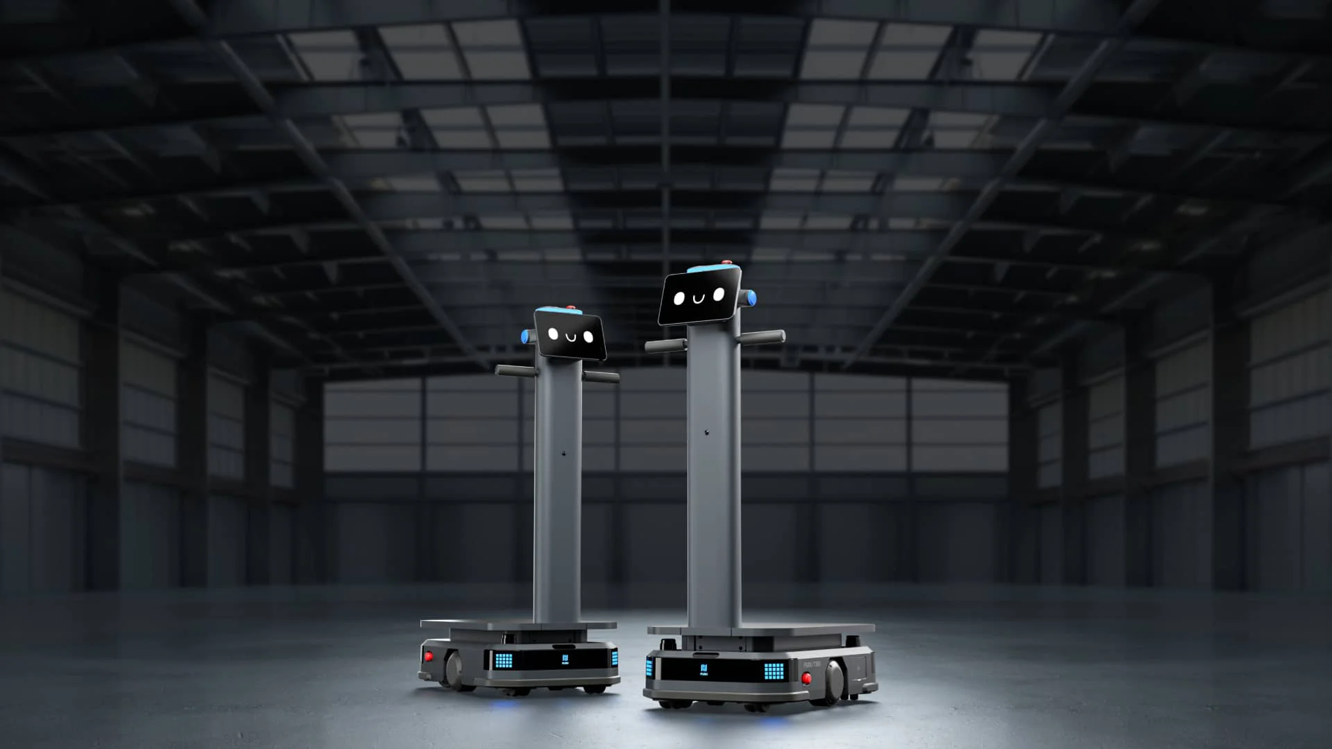 Zwei autonome Transportroboter in einer Industriehalle