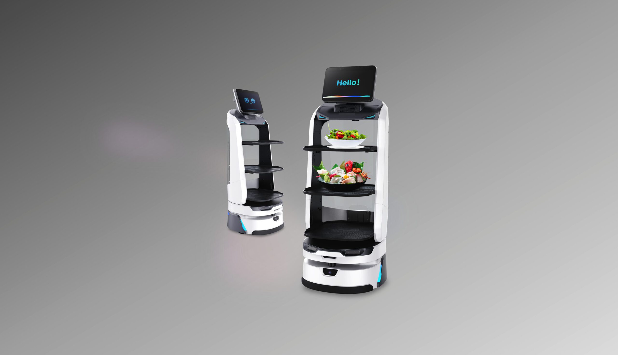 Zwei Serviceroboter mit Tabletts und Display