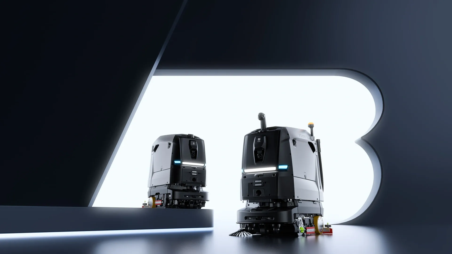Autonomer Scheuersaugroboter PUDU BG1 reinigt eine große zusammenhängende Hartbodenfläche