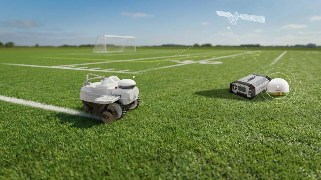Zwei Linienmarkierroboter ziehen GPS-präzise weiße Linien auf einem Fußballplatz