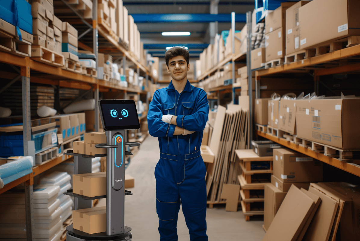 OrionStar CarryBot im Lager neben einem Mitarbeiter