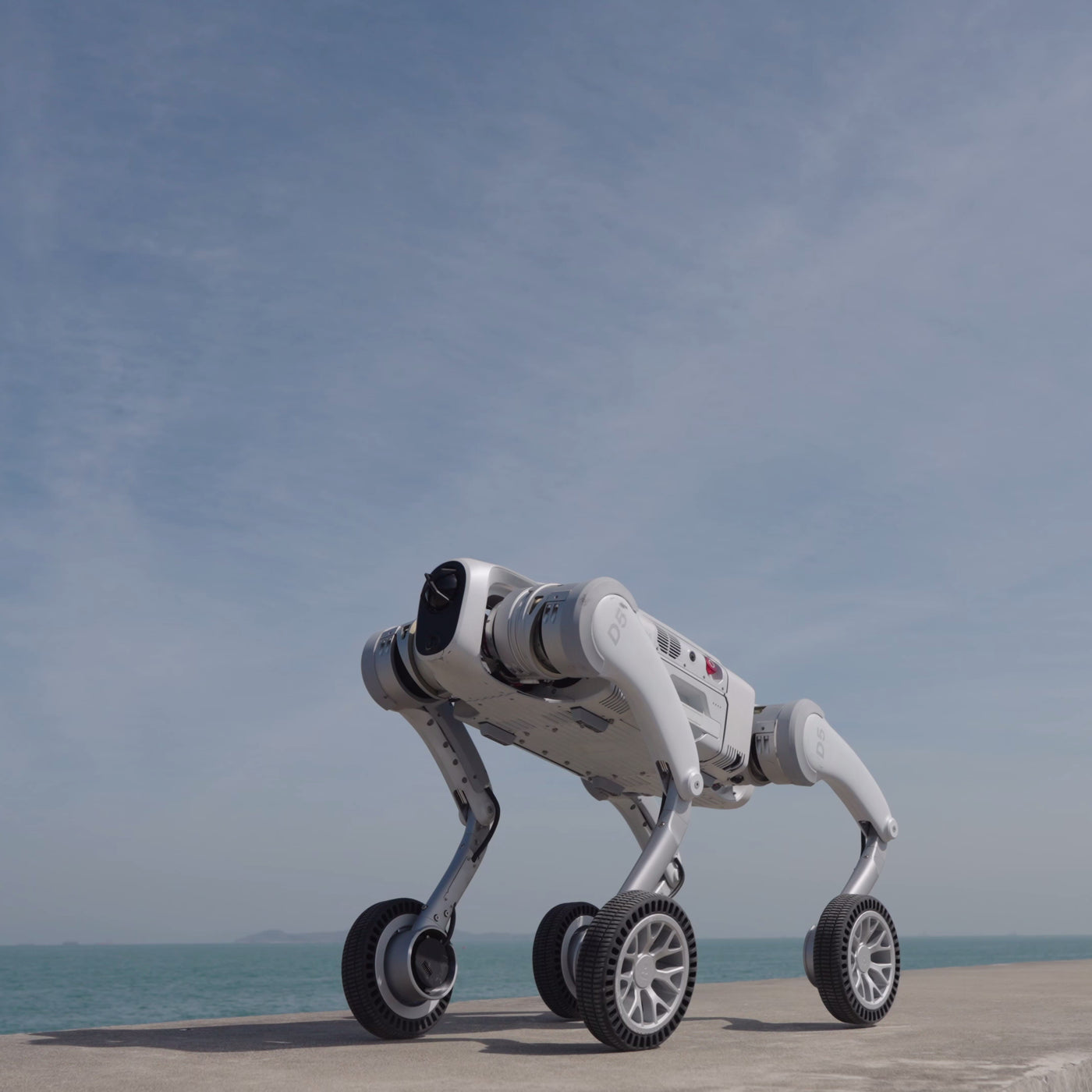 PUDU D5-W Roboterhund mit Rädern auf Betonfläche im Außenbereich